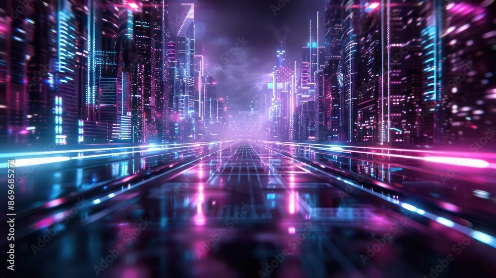 A cityscape with neon lights and a blurry background. The city is lit up in a neon color scheme, giving it a futuristic and otherworldly feel A cityscape with neon lights and a blurry background. The city is lit up in a neon color scheme, giving it a futuristic and otherworldly feel