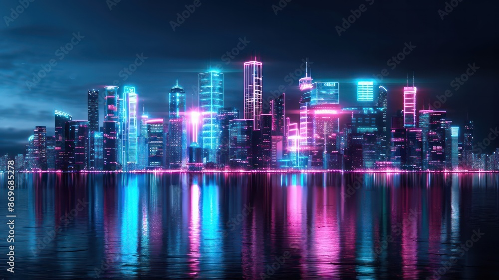 Naklejka premium A city skyline is reflected in the water, with neon lights illuminating the buildings. Scene is vibrant and energetic, with the bright lights and the cityscape creating a sense of excitement