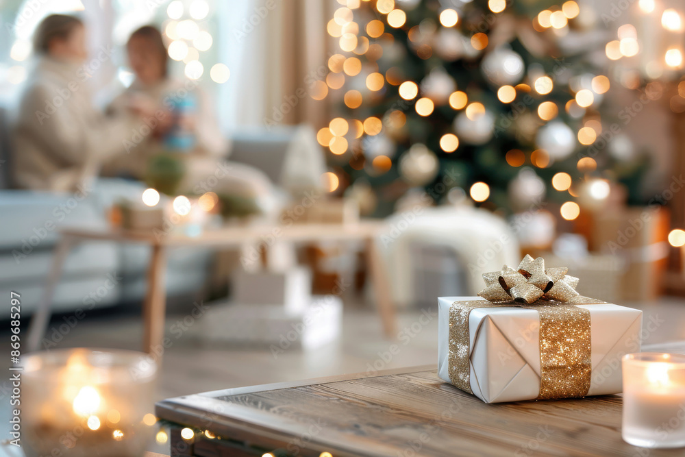 Cozy living room with Christmas decorations, including a gift-wrapped present on a table and a Christmas tree with lights in the background. Cozy living room with Christmas decorations, including a gift-wrapped present on a table and a Christmas tree with lights in the background.