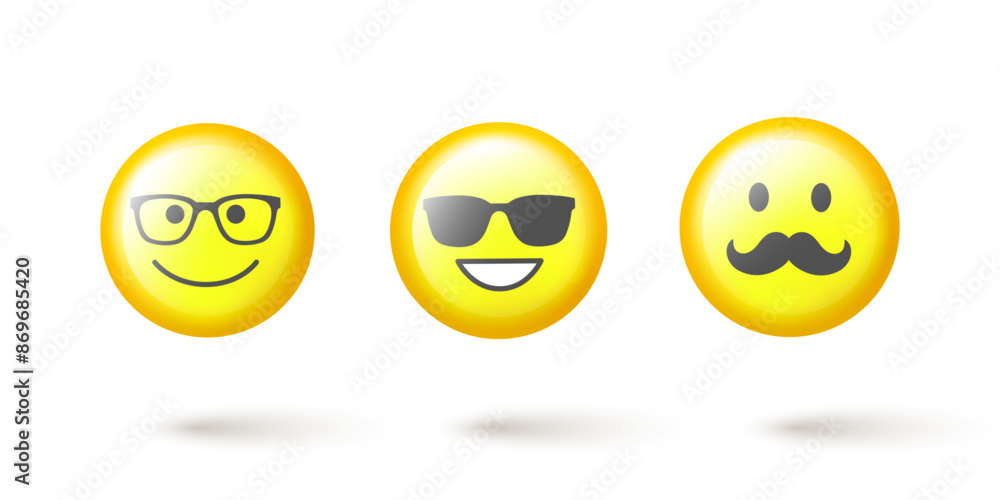 Fototapeta premium Set of facial emoticons 3d vector set. Emoji isolated on white background with shadow.