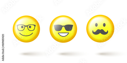 Set of facial emoticons 3d vector set. Emoji isolated on white background with shadow.