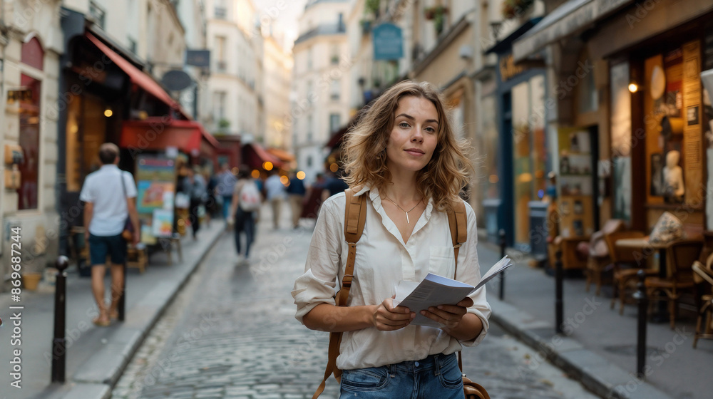 Solo traveler exploring vibrant European street with guidebook in hand Solo traveler exploring vibrant European street with guidebook in hand