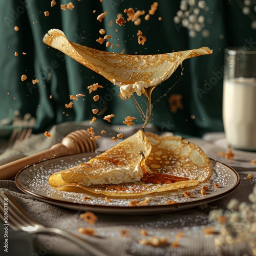 Delicious Homemade Crepes With Whipped Cream, Caramel Drizzle, and Powdered S...