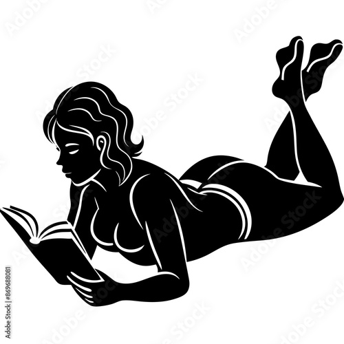 create a woman reading a book lying dow on stomac