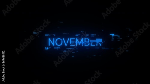 November text with screen effects of technological failures. Spectacular screen glitch with various kinds of interference. Looped