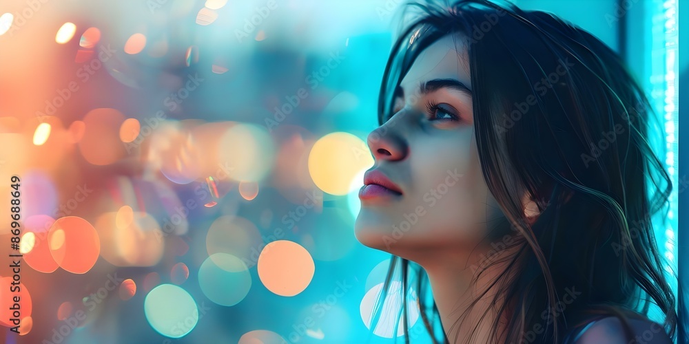 Contemplative woman gazes out window at vibrant city lights. Concept Portrait Photography, Urban Scene, City Lights, Contemplation, Mood Lighting Contemplative woman gazes out window at vibrant city lights. Concept Portrait Photography, Urban Scene, City Lights, Contemplation, Mood Lighting