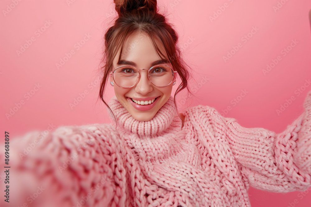 A cheerful young girl with glasses and a positive attitude taking a selfie, isolated against a pink background. Image for banner, website, or advertisement about happiness, positive attitude, and life A cheerful young girl with glasses and a positive attitude taking a selfie, isolated against a pink background. Image for banner, website, or advertisement about happiness, positive attitude, and life