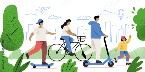 Man rides skateboard and kick scooter. Woman rides bicycle in city. Flat minimal