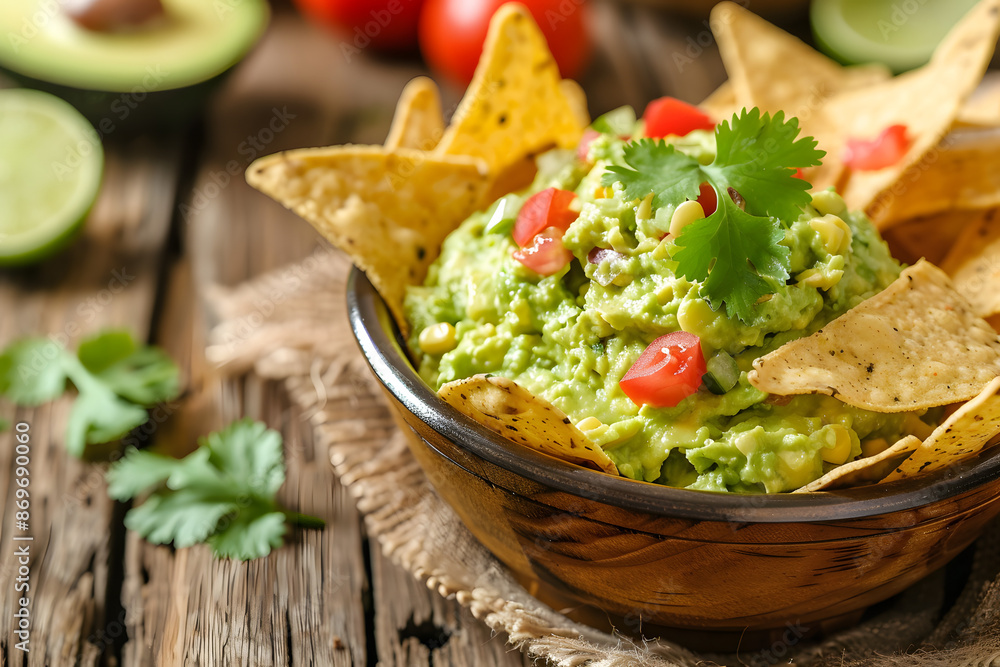 A detailed photo of a bowl of fresh guacamole with tortilla chips, garnished with cilantro and lime, set on a rustic wooden table A detailed photo of a bowl of fresh guacamole with tortilla chips, garnished with cilantro and lime, set on a rustic wooden table