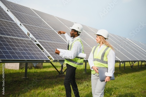 African american businessman and european female engineer talking near solar panels