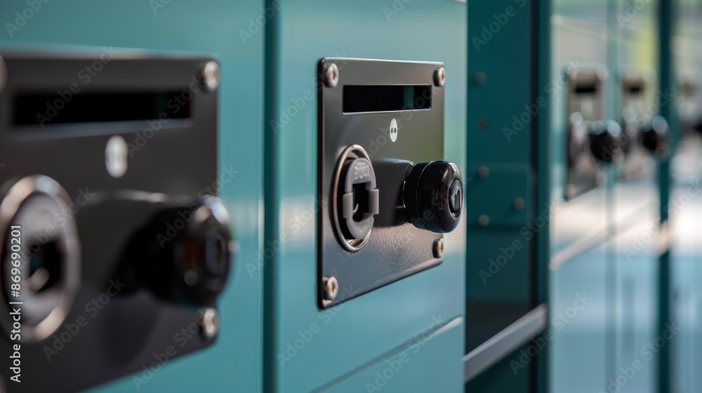 The simple yet effective design of the smart lockers locking mechanism is captured in a closeup with a latch and lock securing the items inside. The simple yet effective design of the smart lockers locking mechanism is captured in a closeup with a latch and lock securing the items inside.