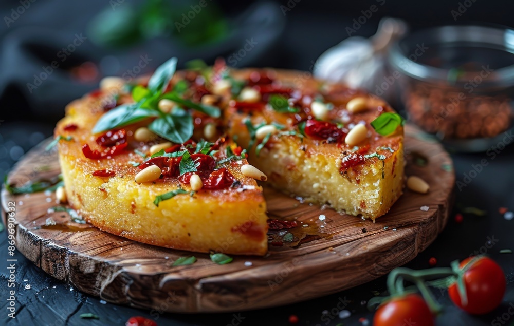 Sun-Dried Tomato and Pine Nut Polenta Cake on Wooden Cutting Board Sun-Dried Tomato and Pine Nut Polenta Cake on Wooden Cutting Board