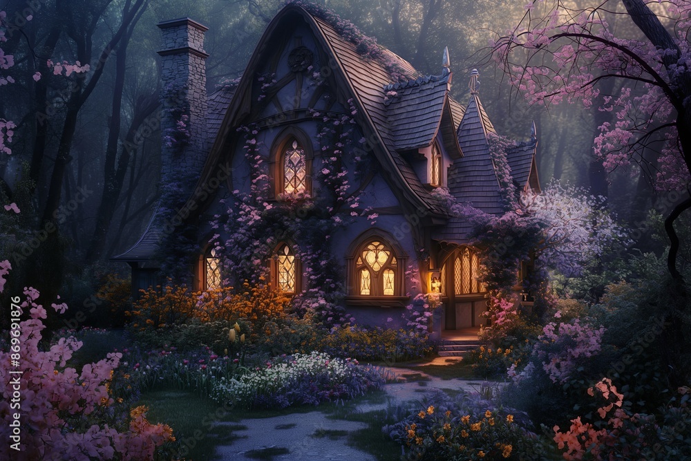 Bathed in the soft glow of twilight, the fairytale cottage Bathed in the soft glow of twilight, the fairytale cottage