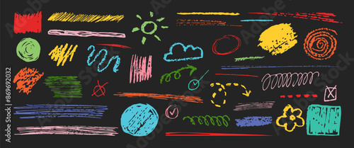 A vibrant collection of various colorful doodles on a dark background, including scribbles, shapes, and symbols. Ideal for creative projects and backgrounds