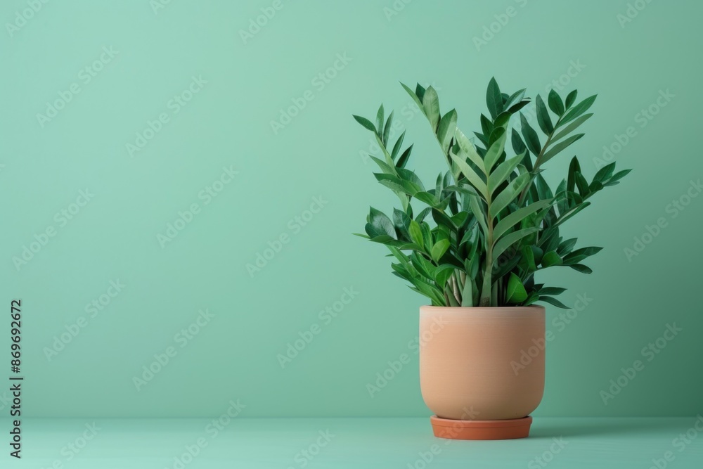 Fototapeta premium Modern Indoor Plant Decor Featuring a Lush ZZ Plant in a Terra Cotta Pot