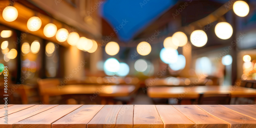 The surface of the wooden table on the background of blurred lights The surface of the wooden table on the background of blurred lights