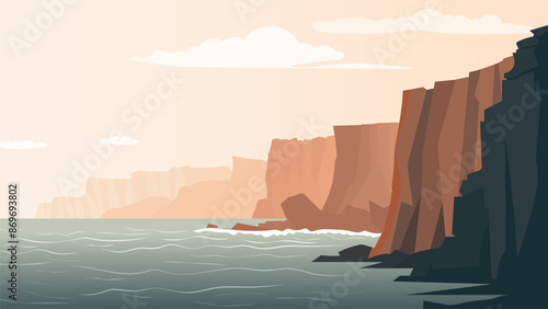 Rocky seashore, landscape vector illustration. Beautiful high sea cliffs overlooking the beautiful ocean. Dangerous rocks and sea against the backdrop of clouds and sunset.