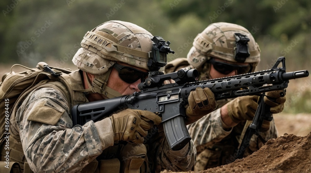 Army soldiers fighting with guns and defending their Army soldiers fighting with guns and defending their