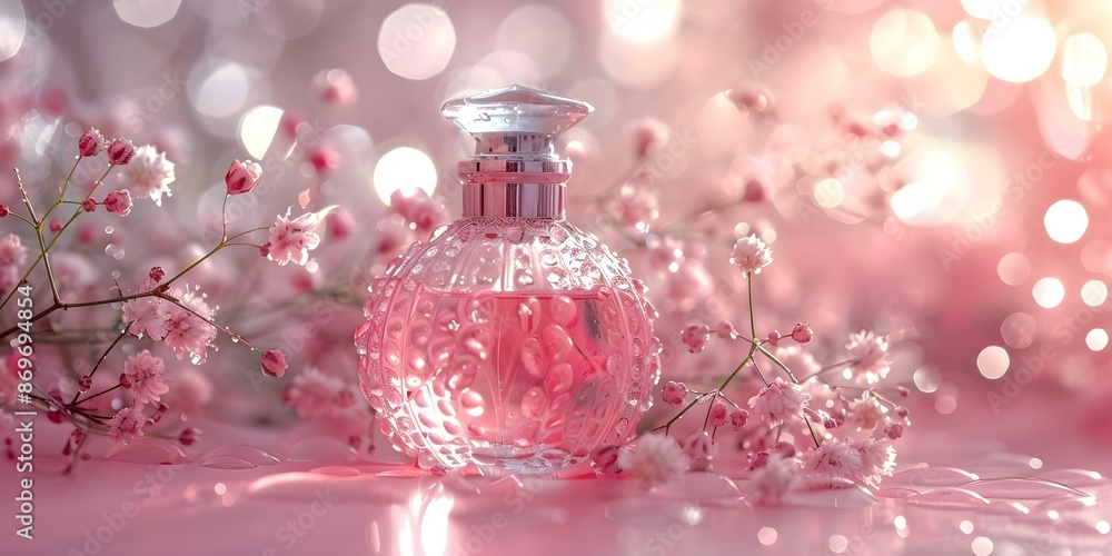 Glass perfume bottle with pink gypsophila flowers and water droplets. Concept Glass Perfume Bottle, Pink Gypsophila Flowers, Water Droplets Glass perfume bottle with pink gypsophila flowers and water droplets. Concept Glass Perfume Bottle, Pink Gypsophila Flowers, Water Droplets