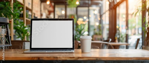 A laptop is open on a table with a vase of flowers next to it by AI generated image