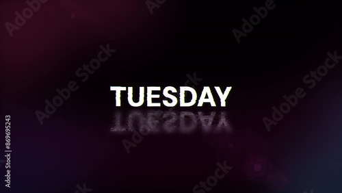 Tuesday text with screen effects of technological failures. Spectacular screen glitch with various kinds of interference. Looped
