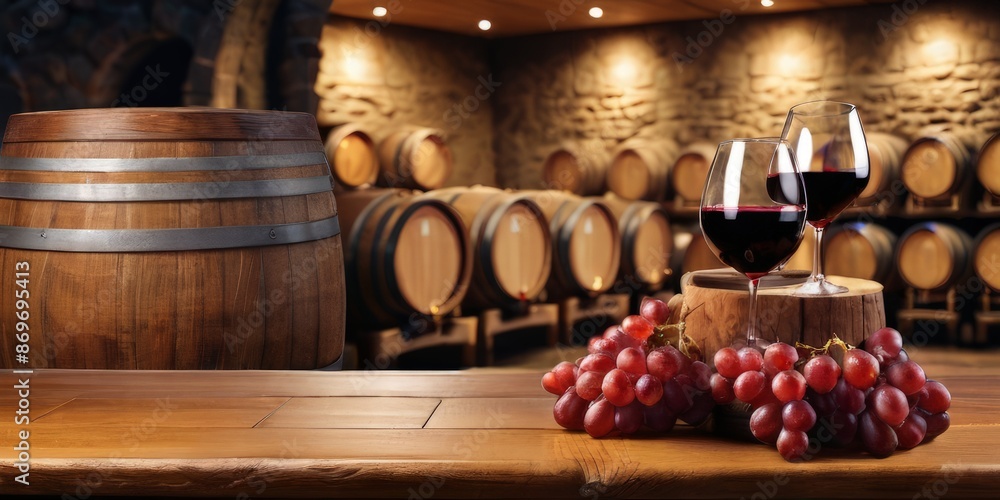 the surface of a wooden table for advertising products against the background of blurred barrels of wine in a wine cellar the surface of a wooden table for advertising products against the background of blurred barrels of wine in a wine cellar