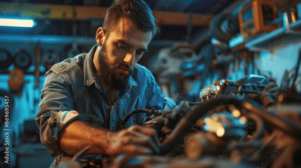 a confident male auto mechanic working on a car engine the welllit garage showcases various tools and equipment the mechanics focused expression conveys expertise a confident male auto mechanic working on a car engine the welllit garage showcases various tools and equipment the mechanics focused expression conveys expertise