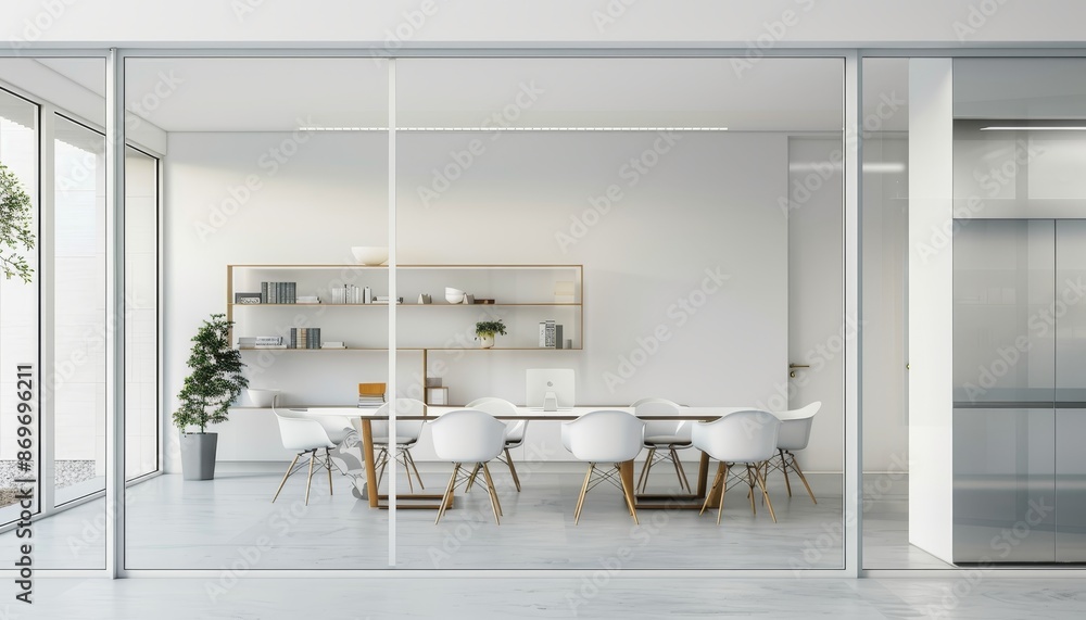 Fototapeta premium A large open office space with a glass wall and white furniture by AI generated image