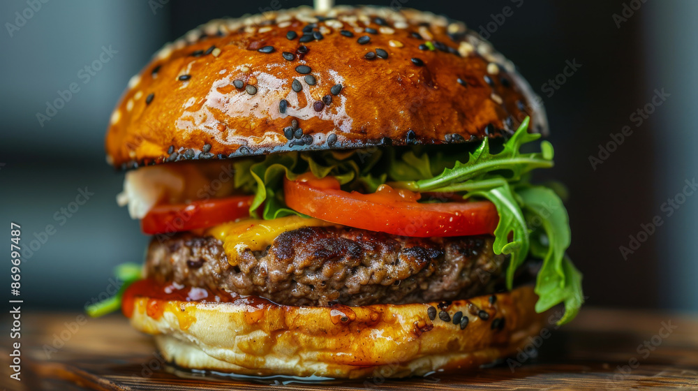 A burger is a popular sandwich made in the United States. It has a bun and a patty (flattened ground beef). Usually served with lettuce, tomato, cheese, and condiments. A burger is a popular sandwich made in the United States. It has a bun and a patty (flattened ground beef). Usually served with lettuce, tomato, cheese, and condiments.
