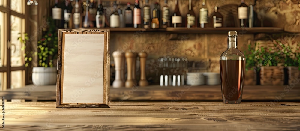 Wooden table showcasing a menu frame in a bar restaurant cafe with ample space for promotional text, offering a lively copy space image. Wooden table showcasing a menu frame in a bar restaurant cafe with ample space for promotional text, offering a lively copy space image.