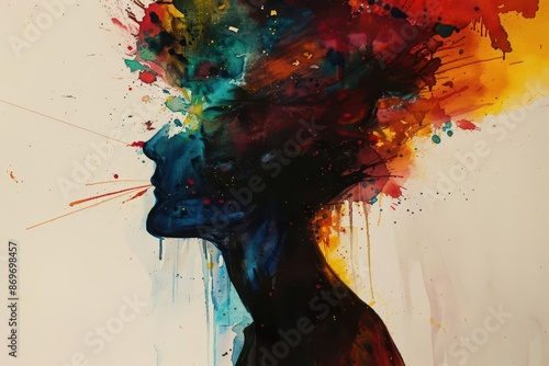 abstract portrait watercolor silhouette dissolving into chaotic paint splatters emotive color palette mental health visual metaphor photo