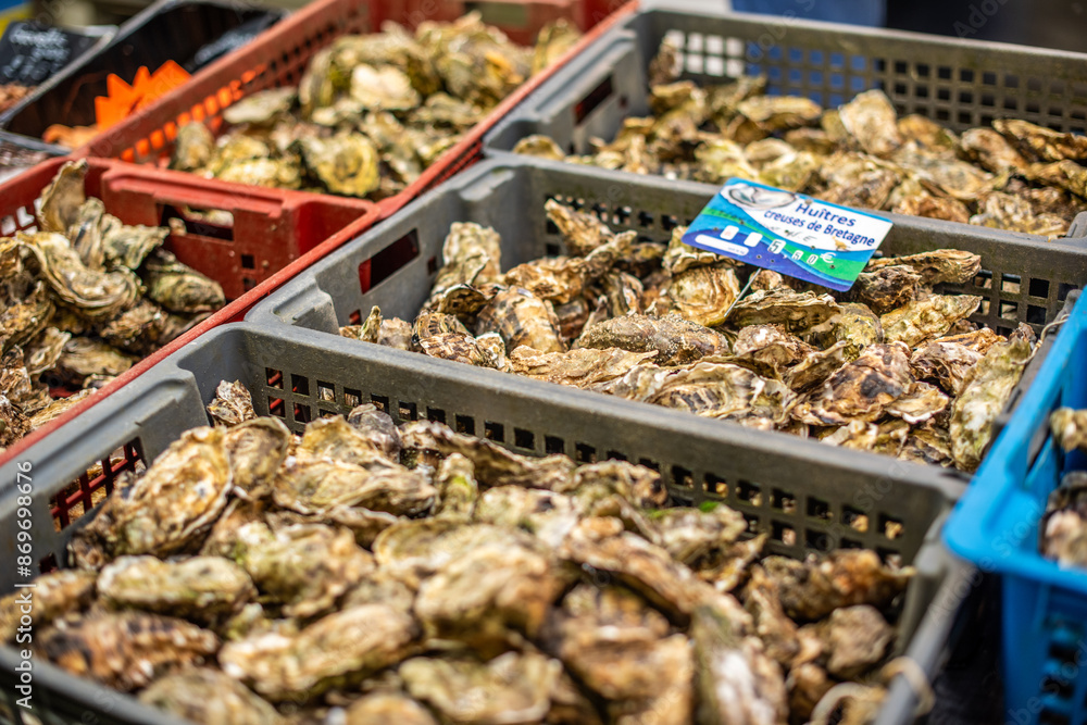 Seafood Market In Vannes, Brittany, France With Fresh Oysters Seafood Market In Vannes, Brittany, France With Fresh Oysters