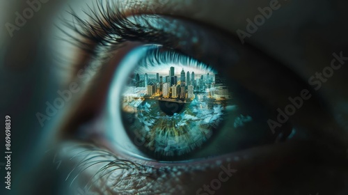 Eye reflecting a detailed city building and the Earth, symbolizing urban growth and global impact