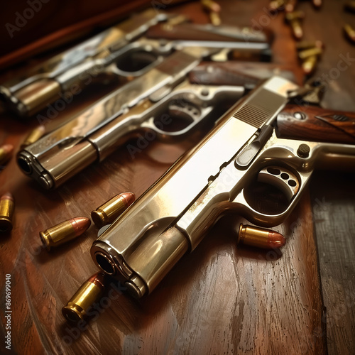 Pistols and bullets on wooden table