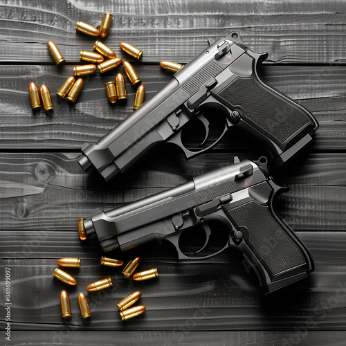 Pistols and bullets on wooden table photo