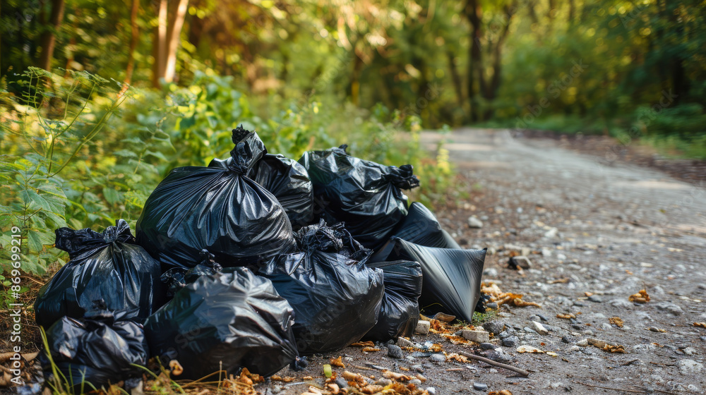 Black trash bags lie in a heap outdoors, representing an issue with waste management in our society. Black trash bags lie in a heap outdoors, representing an issue with waste management in our society.