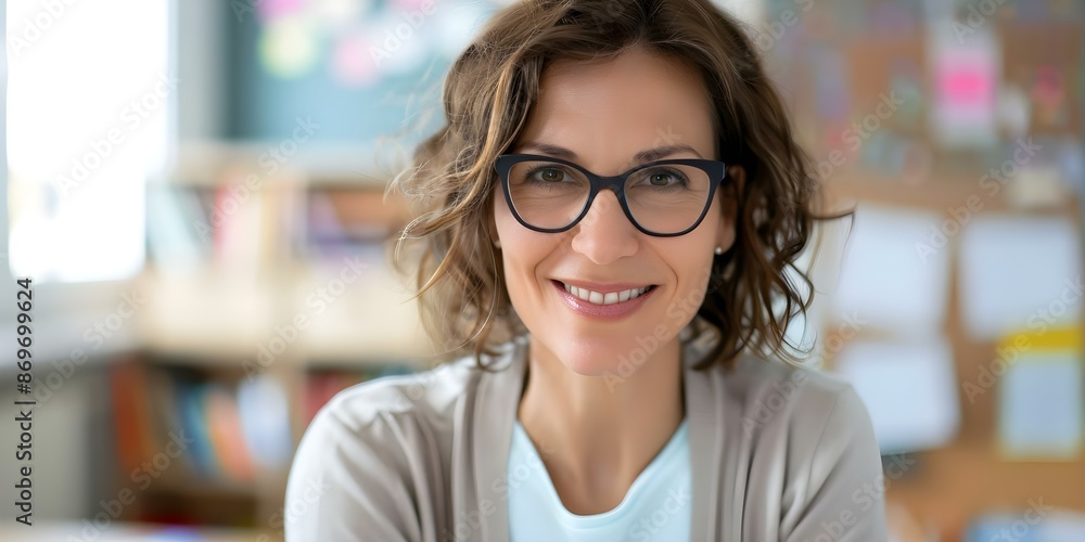 Middleaged female teacher smiling in classroom looking at camera. Concept Professional Teacher, Classroom Setting, Confident Smile Middleaged female teacher smiling in classroom looking at camera. Concept Professional Teacher, Classroom Setting, Confident Smile