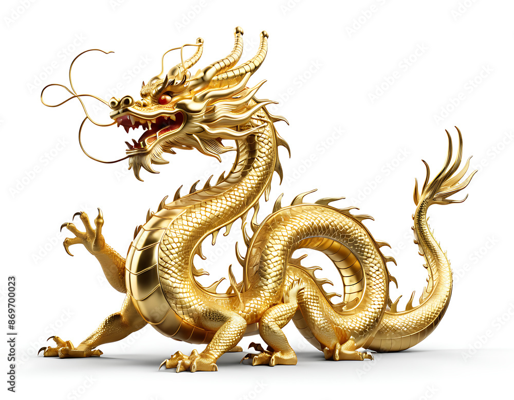 Fototapeta premium A majestic golden dragon statue, perfect for Chinese New Year, fantasy, or cultural projects.