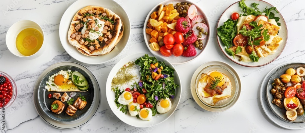 Savor a nutritious breakfast with a variety of vegetarian dishes displayed on a white marble surface, providing ample space for adding a slogan in the image. Savor a nutritious breakfast with a variety of vegetarian dishes displayed on a white marble surface, providing ample space for adding a slogan in the image.