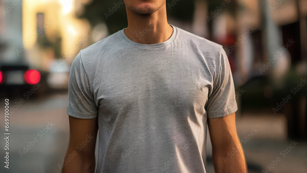 Close up of a man model shirt mockup. Young man wearing a gray casual t-shirt. Front view of a mockup t-shirt for design print art, fashion, clothing. Close up of a man model shirt mockup. Young man wearing a gray casual t-shirt. Front view of a mockup t-shirt for design print art, fashion, clothing.