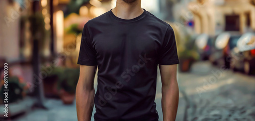 Close up of a man model shirt mockup. Young man wearing a black casual t-shirt. Front view of a mockup t-shirt for design print art, fashion, clothing.