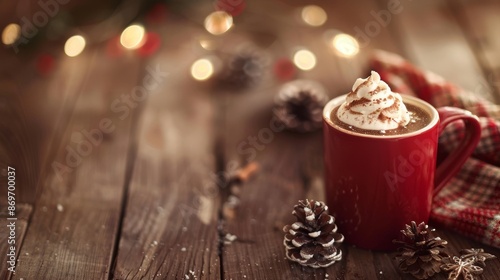hot cocoa in a mug Christmas themed, laying on a wooden table, desktop or website background