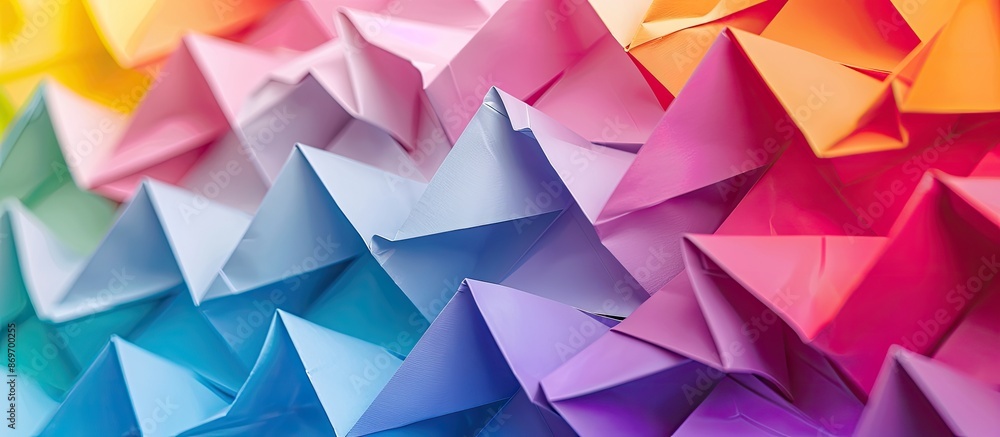 Vibrant origami patterns can enhance backgrounds, graphics, and abstract concepts, providing a colorful backdrop with copy space for text.