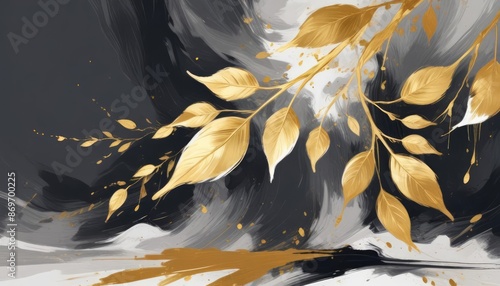 digital painting gold leafs on abstract background (1)