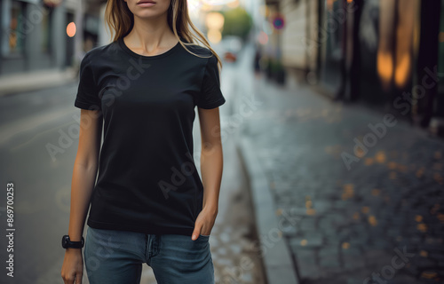 Woman model shirt mockup. Caucasian girl wearing a black basic t-shirt and jeans. Front view of a mockup t-shirt, with copy space, for design print art, fashion, clothing.