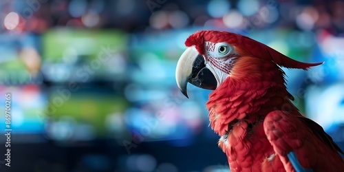 Parrot providing sports commentary with player stats displayed on screens. Concept Sports Commentary, Parrot, Player Stats, Live Broadcast, Interactive Experience photo