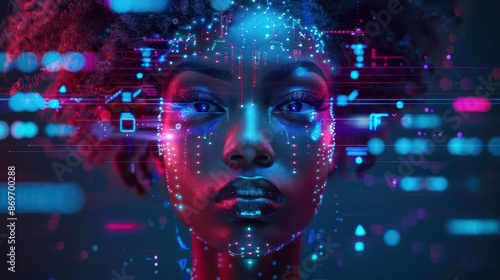 afrofuturistic portrait of a woman with bioluminescent hair and circuitryinspired face paint holographic interface surrounds her displaying futuristic african symbols and data streams photo