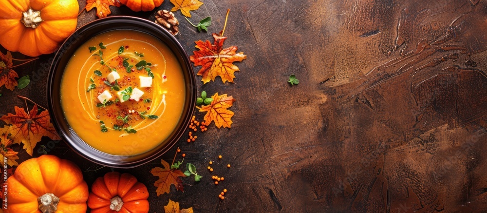 View from above of pumpkin soup placed on a table, with ample copy space visible in the image. View from above of pumpkin soup placed on a table, with ample copy space visible in the image.