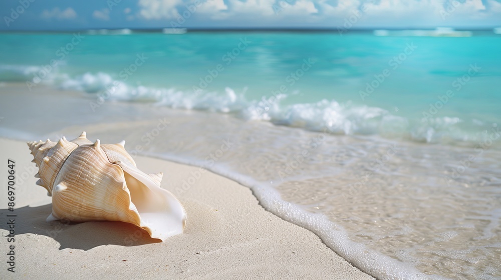 Sunny beach scene with seashell on the shore. Perfect for summer-themed projects. Vibrant colors and serene atmosphere. Great for travel or vacation advertising. AI Sunny beach scene with seashell on the shore. Perfect for summer-themed projects. Vibrant colors and serene atmosphere. Great for travel or vacation advertising. AI