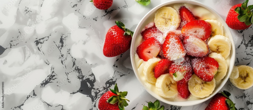 Strawberry dessert with fresh banana on a marble background features a copy space image. Strawberry dessert with fresh banana on a marble background features a copy space image.